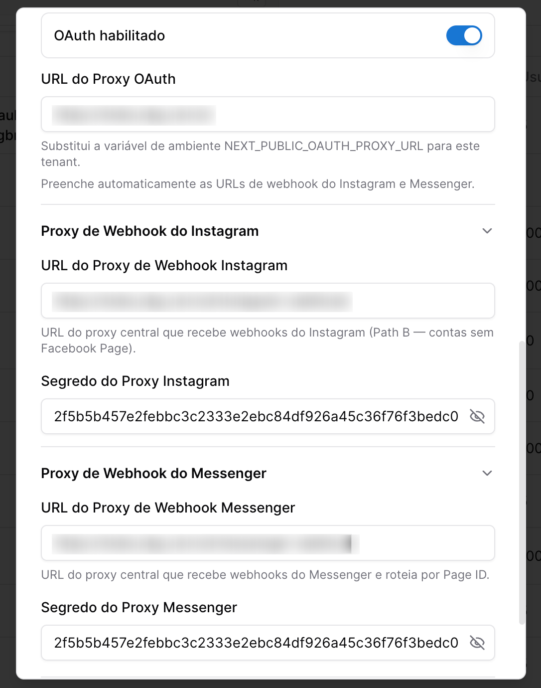 Miró Connect One - tela de configuração do Tenant - oauth instagram e facebook messenger