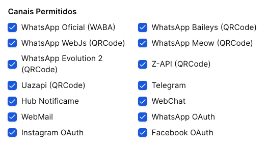 Miró Connect One - tela de configuração do Tenant - canais liberados